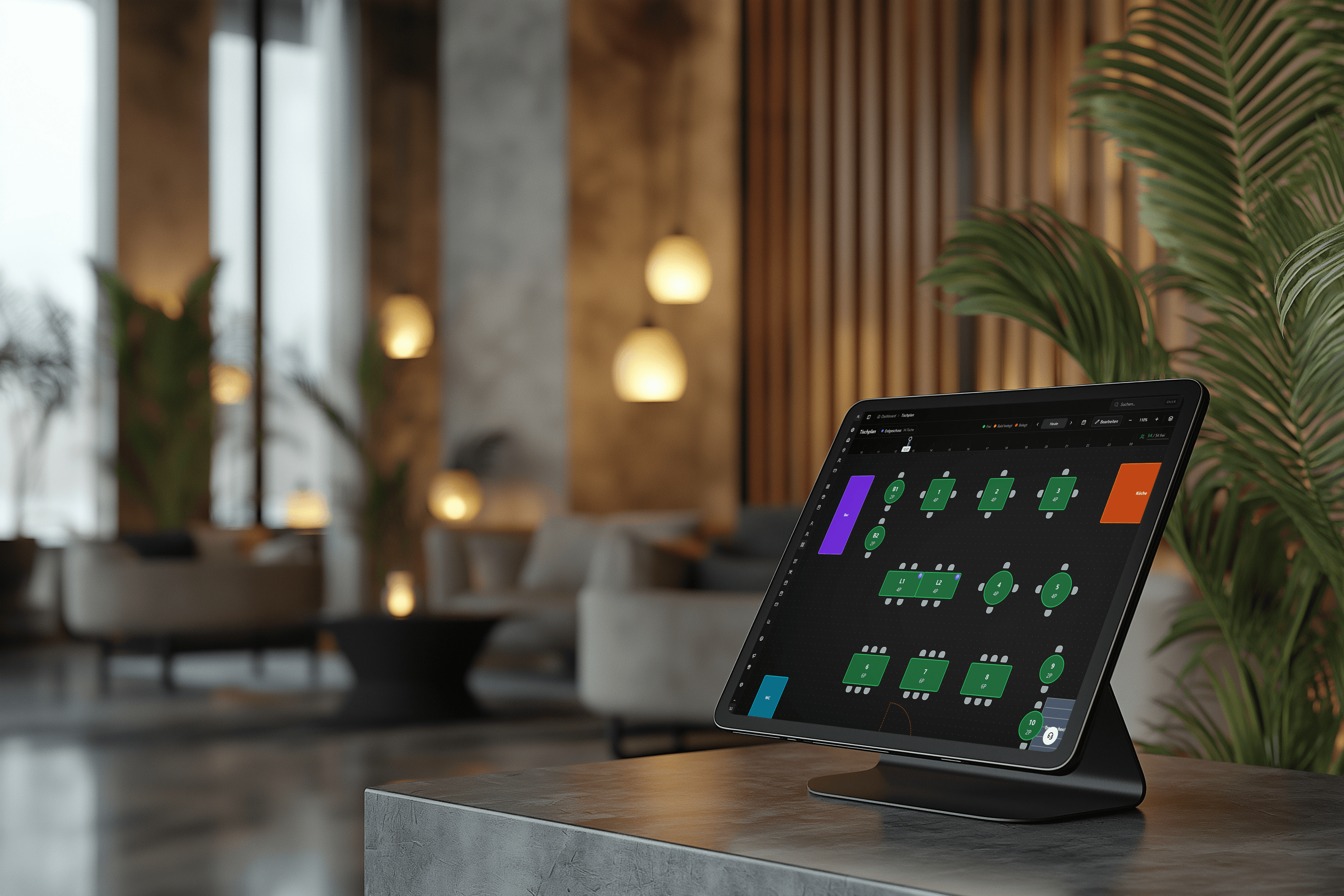 Qubis Tischplaner auf einem iPad im Restaurant